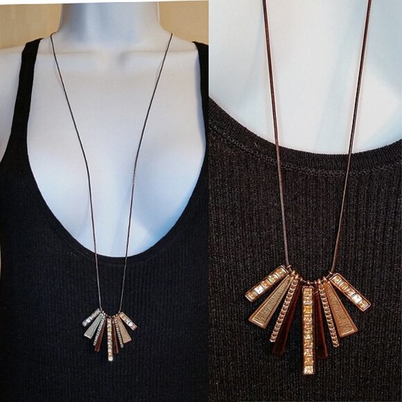 The Limited Long Art Deco Style Long Chain Necklace Glossy Copper Tone - Picture 1 of 3